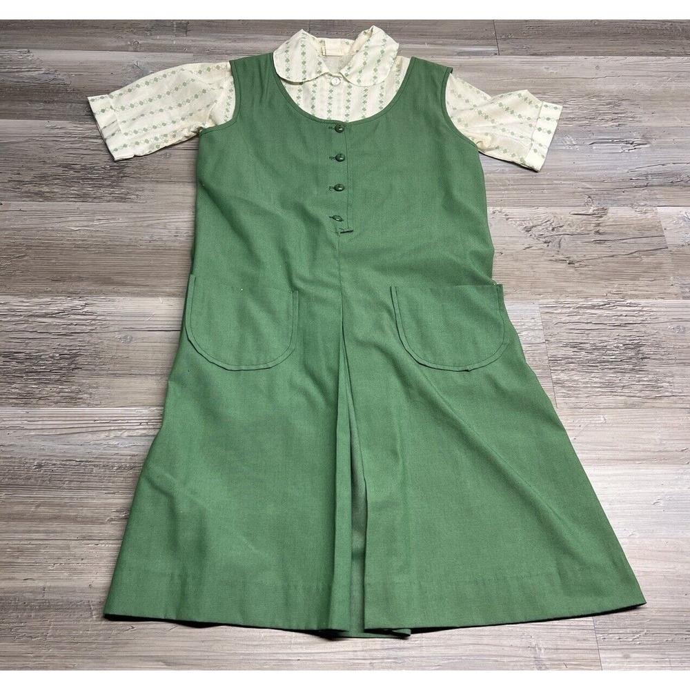 Vintage 60s 70s Girl‎ Scouts Uniform 3 Piece Green Dress Pants Shirt Size 14/16